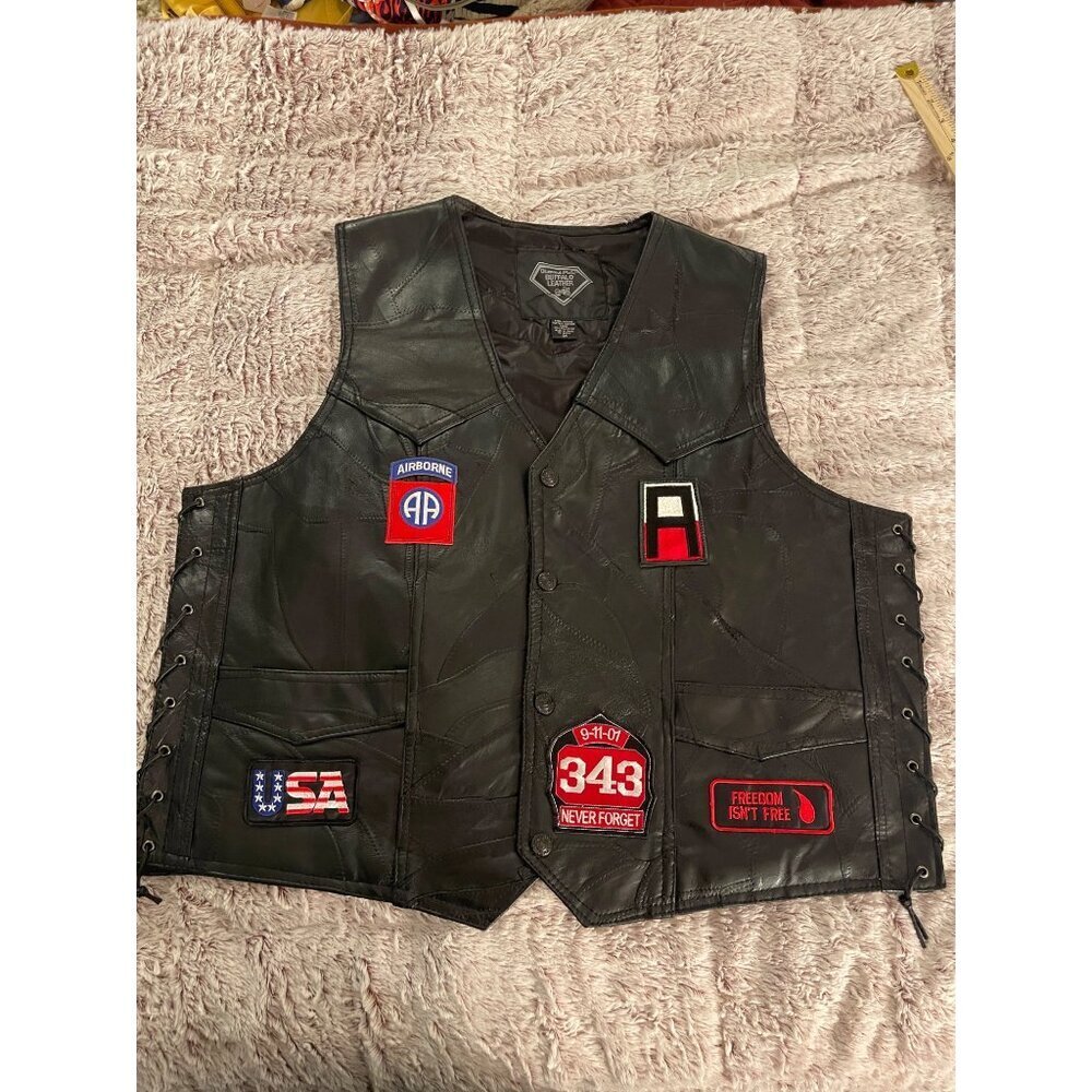 Diamond Plate Buffalo Leather Vest‎ MEN 2X Black Freedom & USA Patches